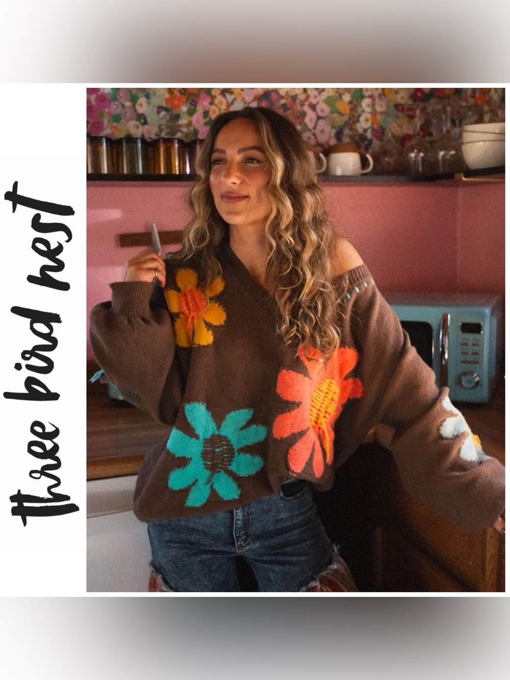 Three Bird Nest good mood flower print sweater
